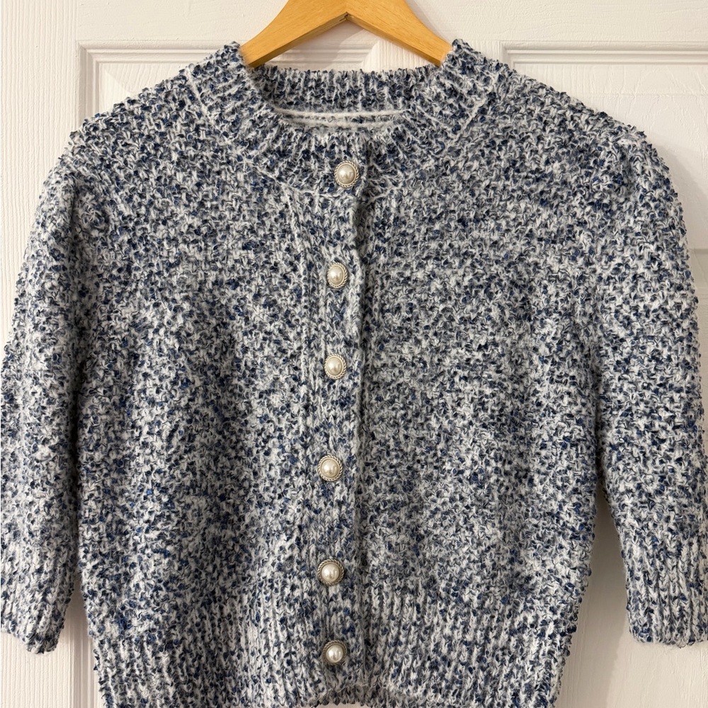 Chunky Pearl-Button Blue & White Knit Cardigan Sweater